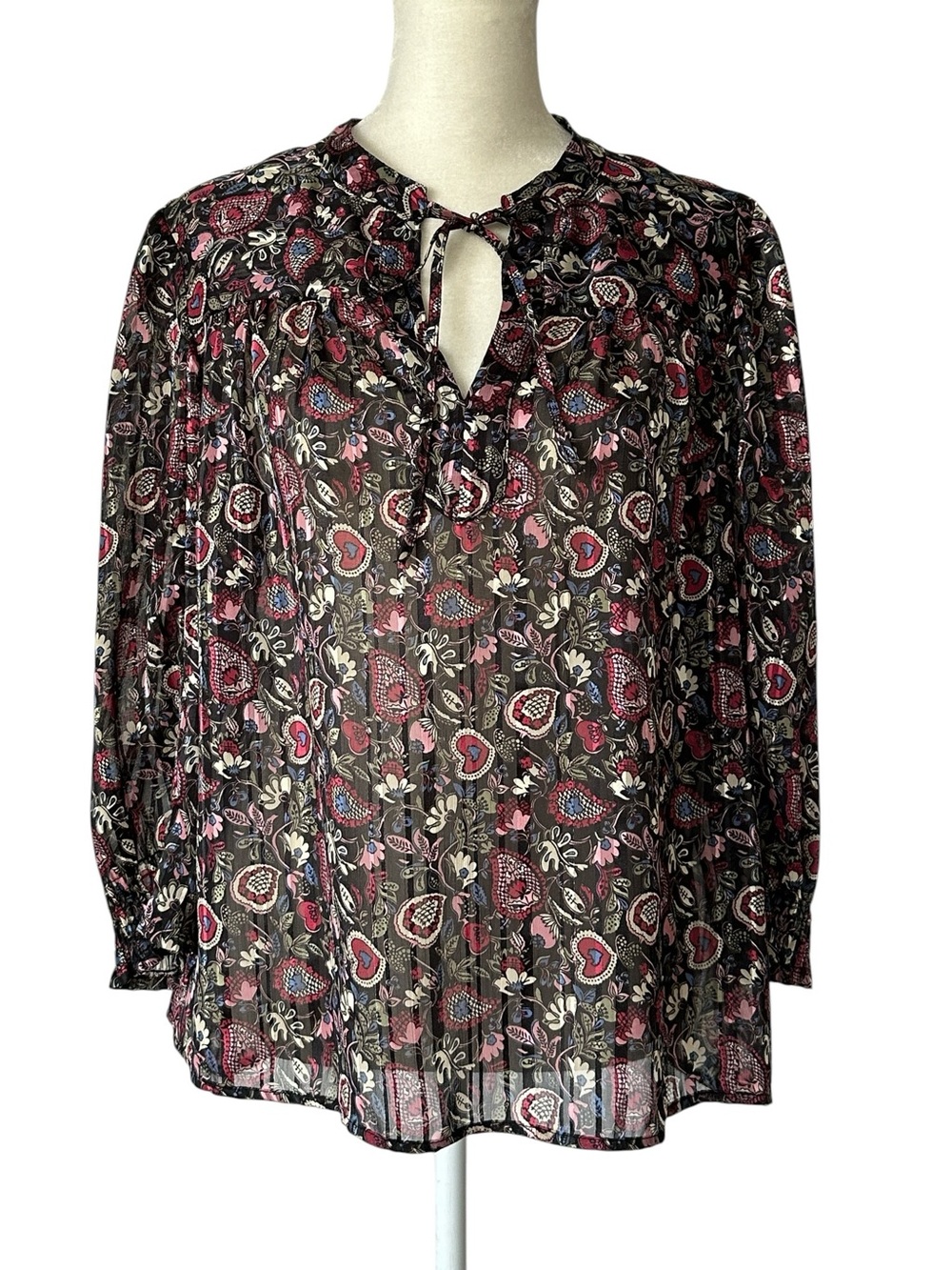 Gerard‎ Darel Paris Black Semi-Sheer Dark Floral Paisley Tie-Neck Blouse Size 38
